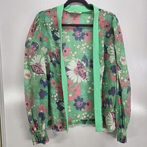 VTG  Green Floral‎ Butterfly Print Sheer Blouse Top Kimono Jacket Shirred Cuff M
